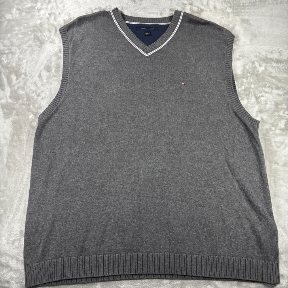 Tommy Hilfiger Mens Gray V-Neck Cotton Knit Sweater Vest XL Logo Preppy Classic